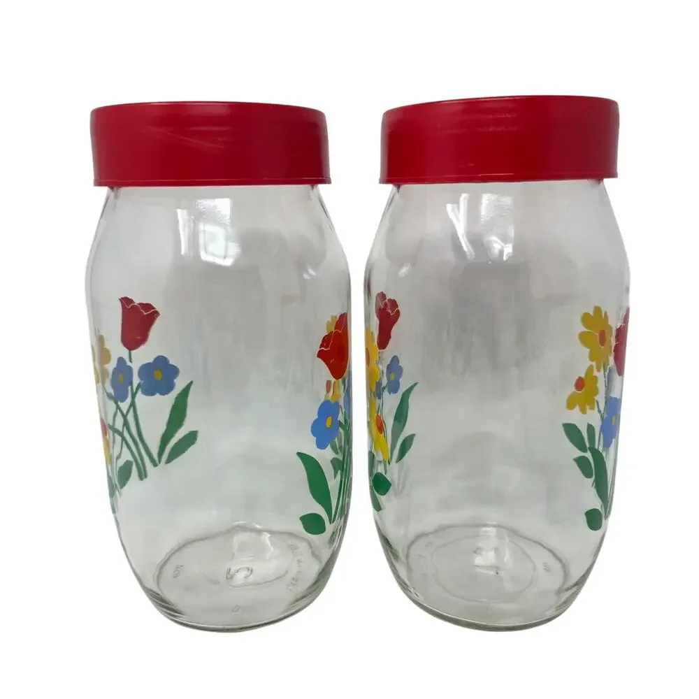 Vintage Carlton Glass Floral Canister Set 3 Red Lid Kitchen Storage Jars 80s